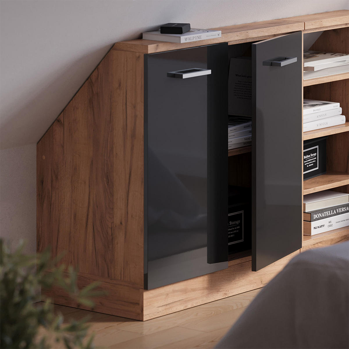 DACHSCHRÄGENSCHRANK Rion Anthrazit Hochglanz mit 2 Türen - Schwarz Hochglanz, Holzwerkstoff (80/81.6/46cm) - Vicco