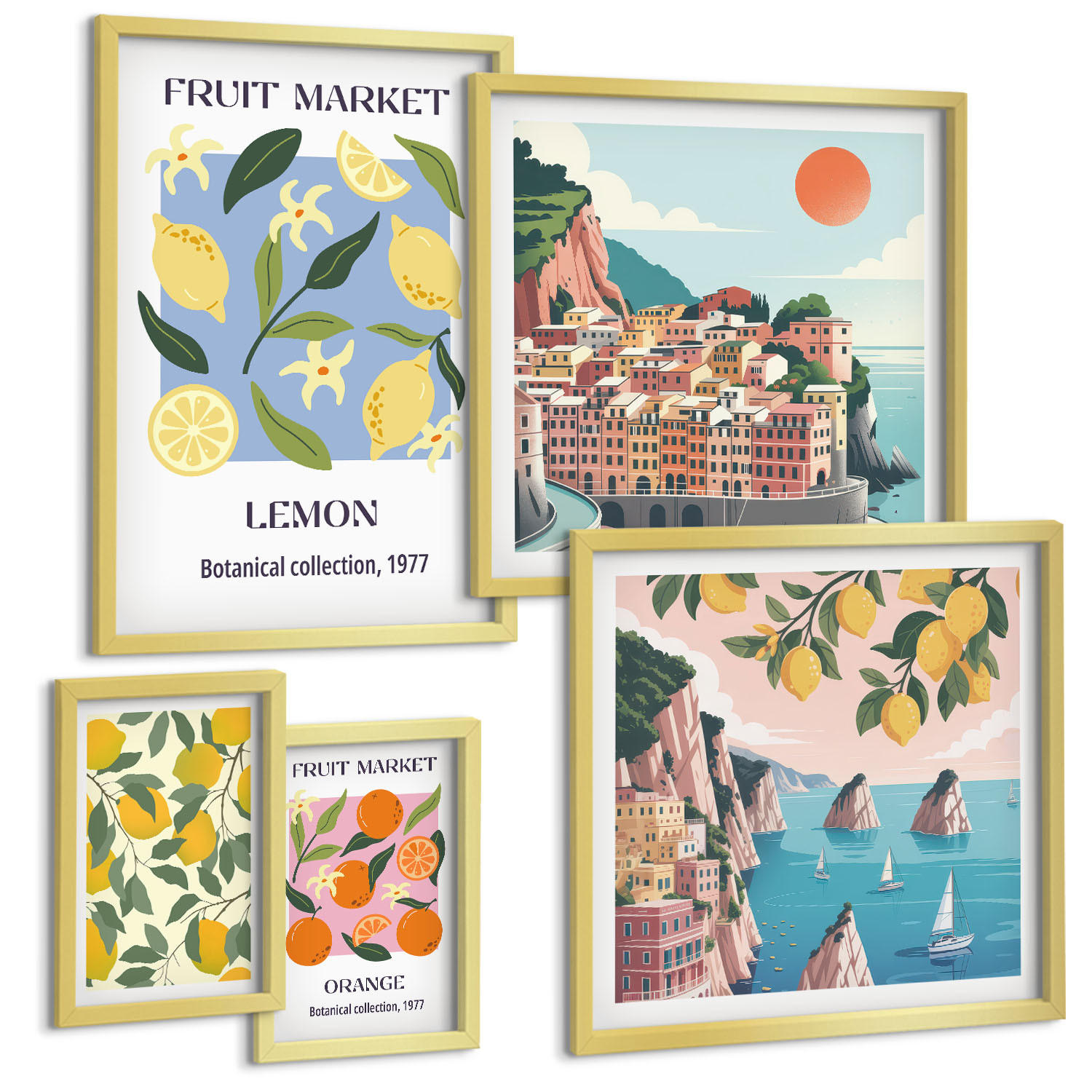 BILDER SET 5er Set - 50x50 cm & 20x30 cm & 40x60 cm Goldrahmen - Italienische Zitronenurlaube Capri - Goldfarben, Kunststoff (40/60cm) - TULUP
