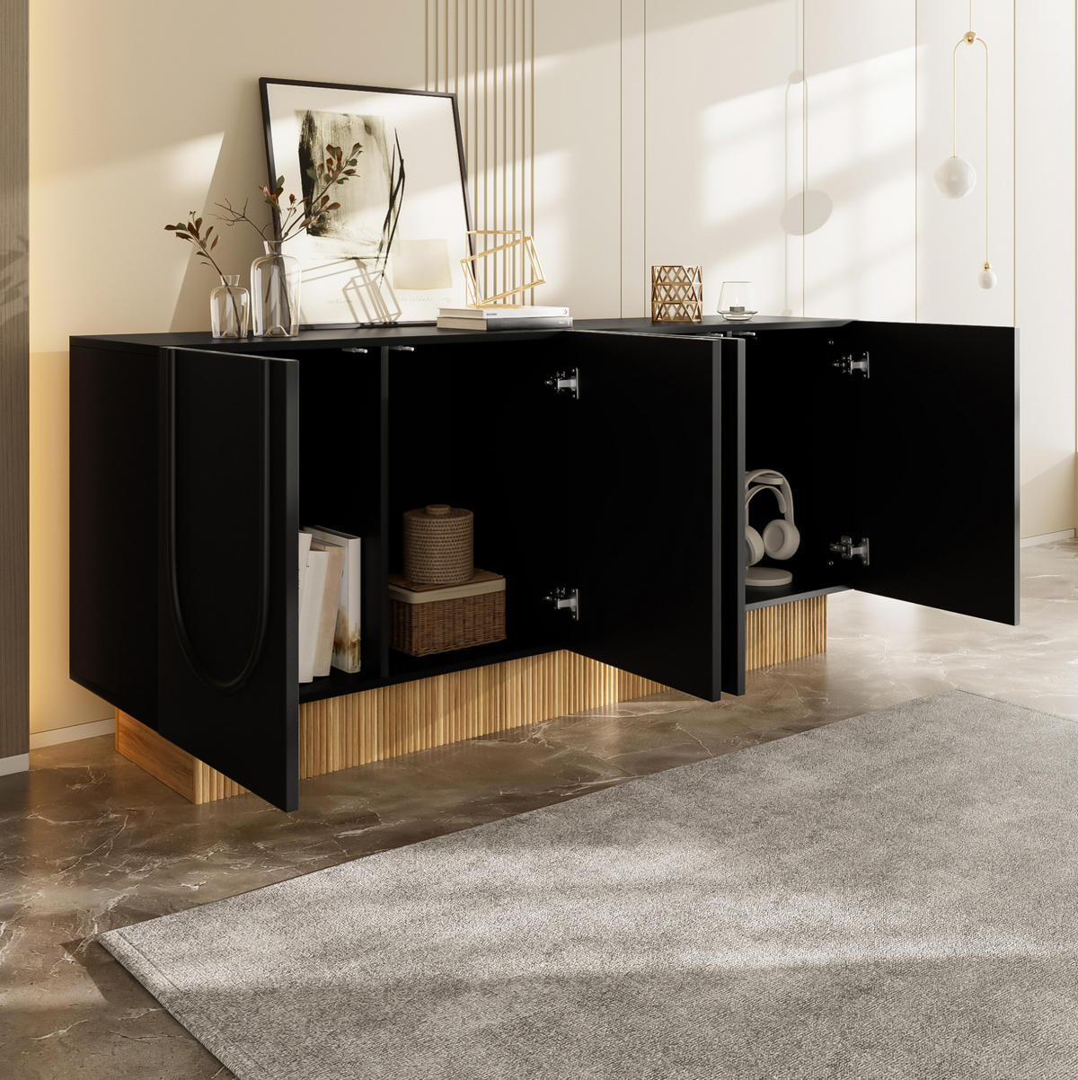 KOMMODE 160/38/75 cm in Schwarz mit 4 Türen und U-Reliefstruktur - Schwarz, Holzwerkstoff (160/75/38cm) - Flora Grace