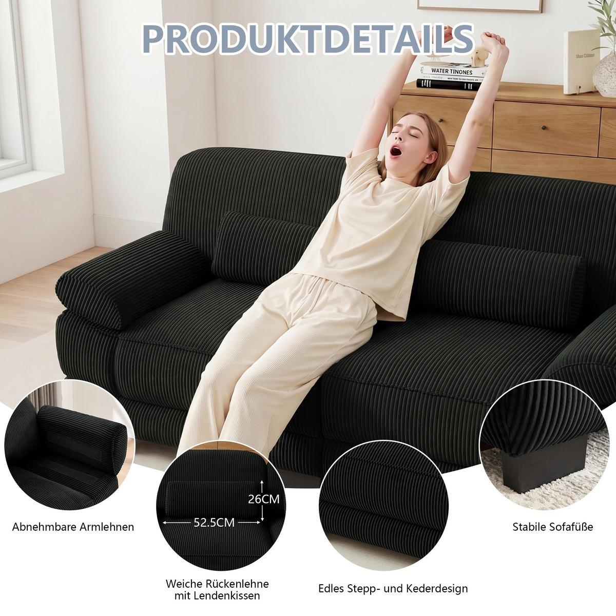 ECKSOFA 3-Sitzer L-Form mit Hocker, DE-42659, Schwarz - Schwarz, Holz (265/161cm) - ComfortXL