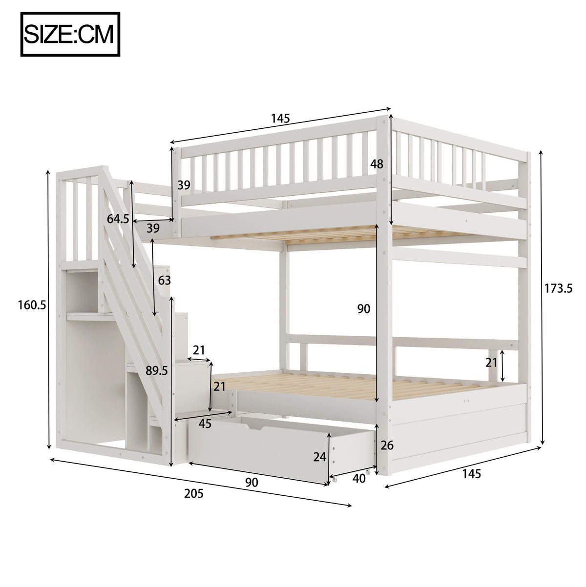 ETAGENBETT 140/200 cm mit Lattenrost, Stauraumtreppe und Schubladen, Weiß - Weiß, Holzwerkstoff (140/200cm) - Redom