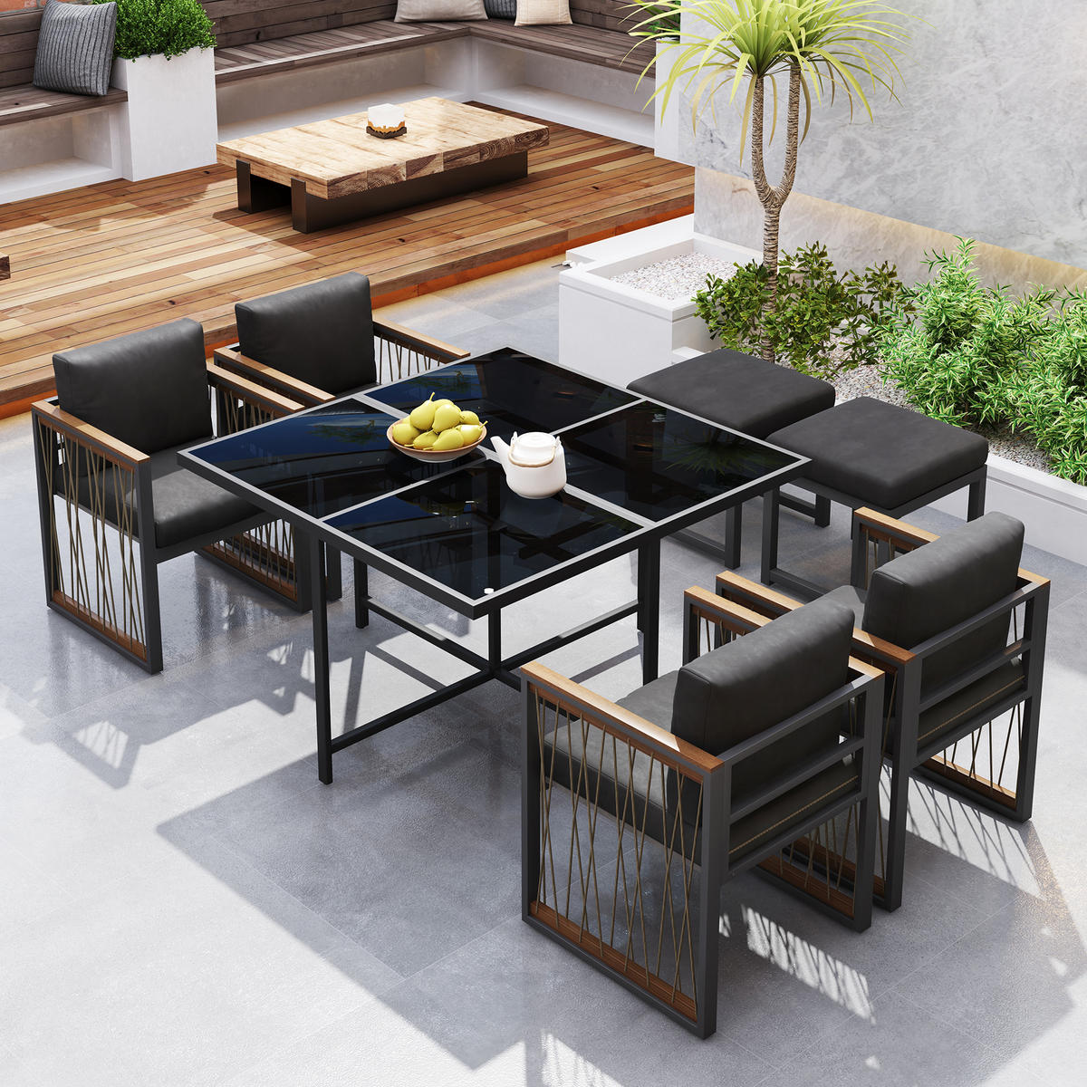 GARTENSET 7 tlg Glas Tisch 6 Personen - Schwarz, Metall - LEBENLANG