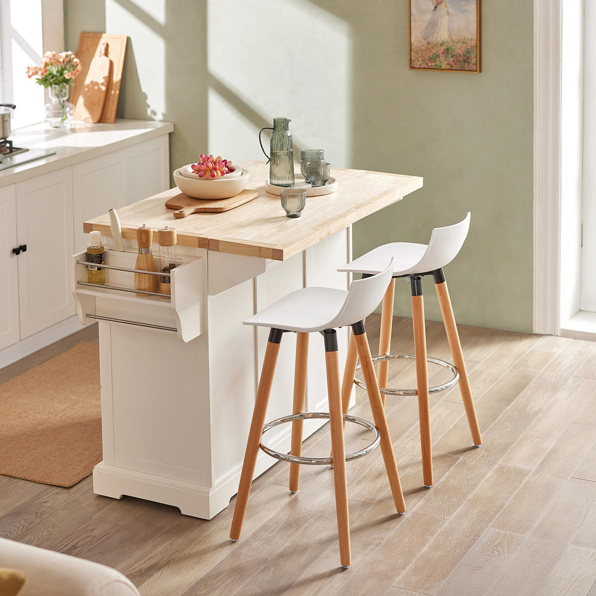 BARHOCKER Buche Weiß - Weiß/Braun, Holzwerkstoff/Kunststoff (40/84/41cm) - SoBuy