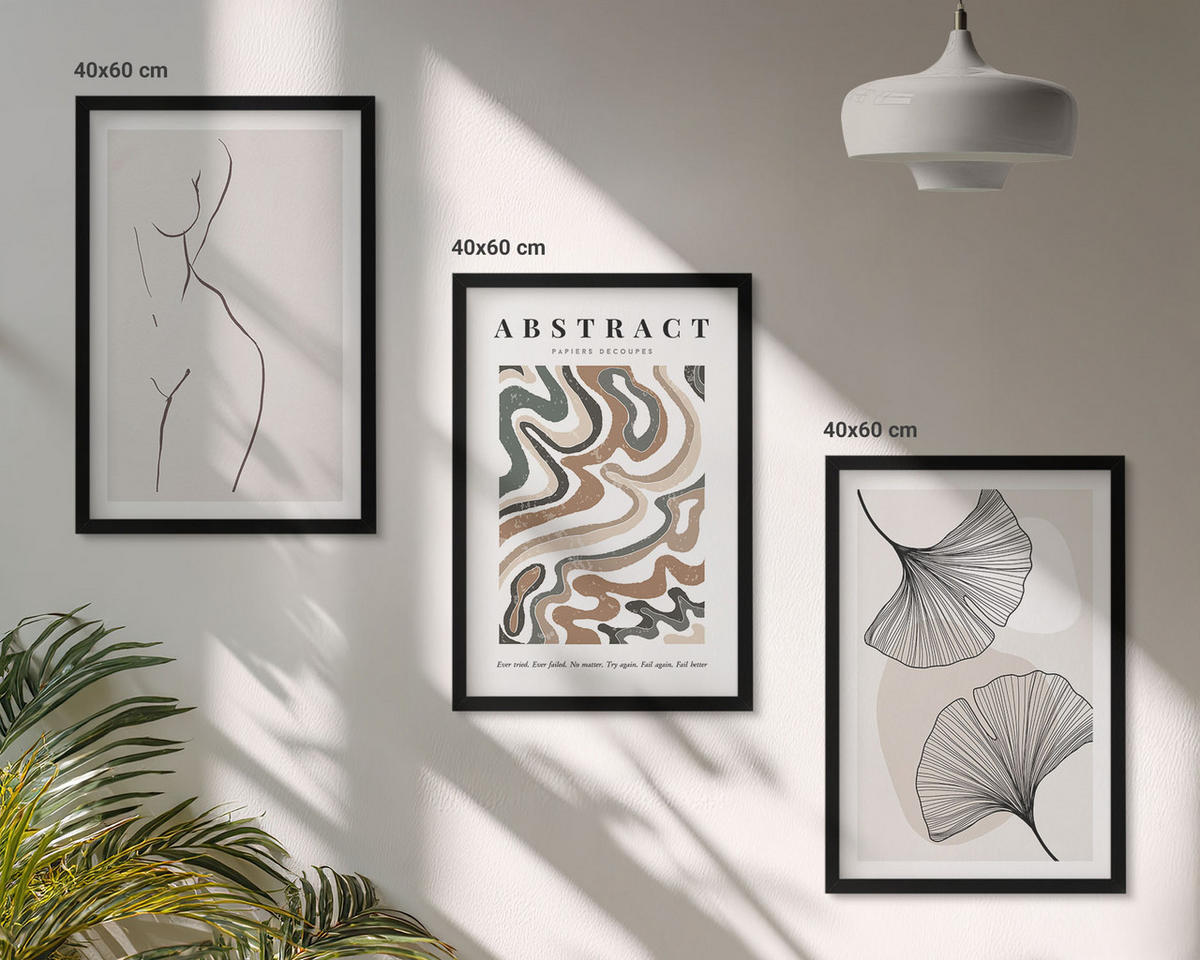 BILDER SET 3er Set - 40x60 cm Schwarzer Rahmen - Abstrakte Boho-Musterformen - Schwarz, Kunststoff (40/60cm) - TULUP