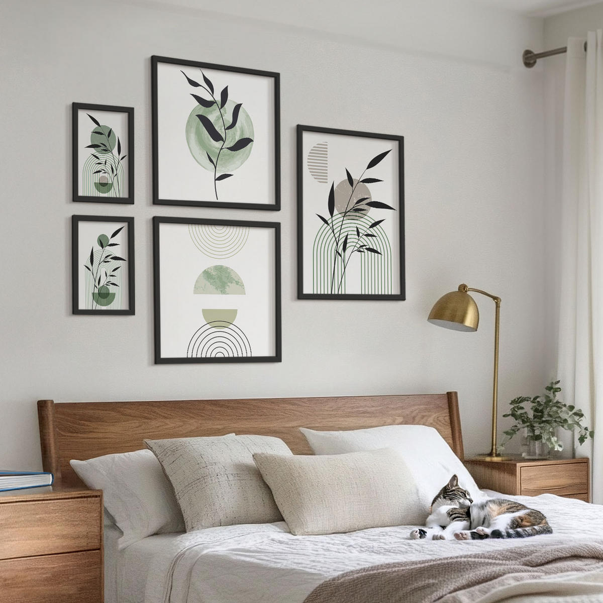 BILDER SET 5er Set - 50x50 cm & 20x30 cm & 40x60 cm Schwarzer Rahmen - Boho-Pflanzenkompositionen - Schwarz, Kunststoff (40/60cm) - TULUP