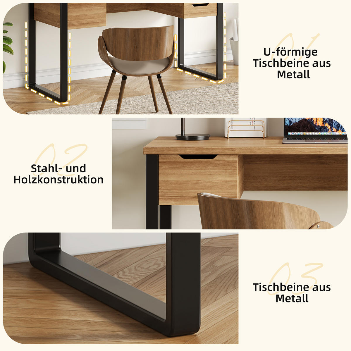 SCHREIBTISCH Holzfarben und Schwarz 130/55/76 cm mit 3 Schubladen - Schwarz, Holzwerkstoff (55/130/76cm) - PANGIVO