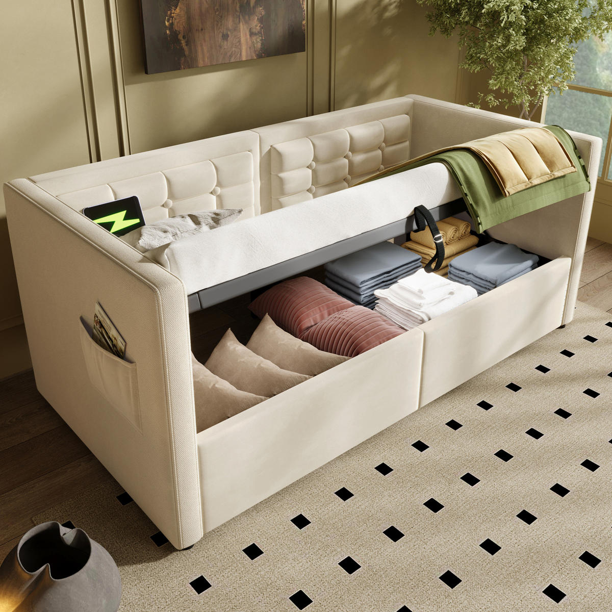POSTEL 90/200 cm samet béžová s hydraulickým úložným prostorem a USB/Type-C - béžová, textil (90/200cm) - BEAOK