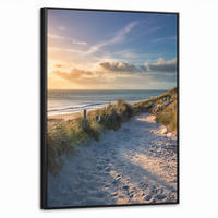 LEINWAND Bilder mit Rahmen - Sonnenuntergang - Strand - Düne - Gras - Ufer - 70x100 - Sandfarben, Textil (70/100cm) - MuchoWow