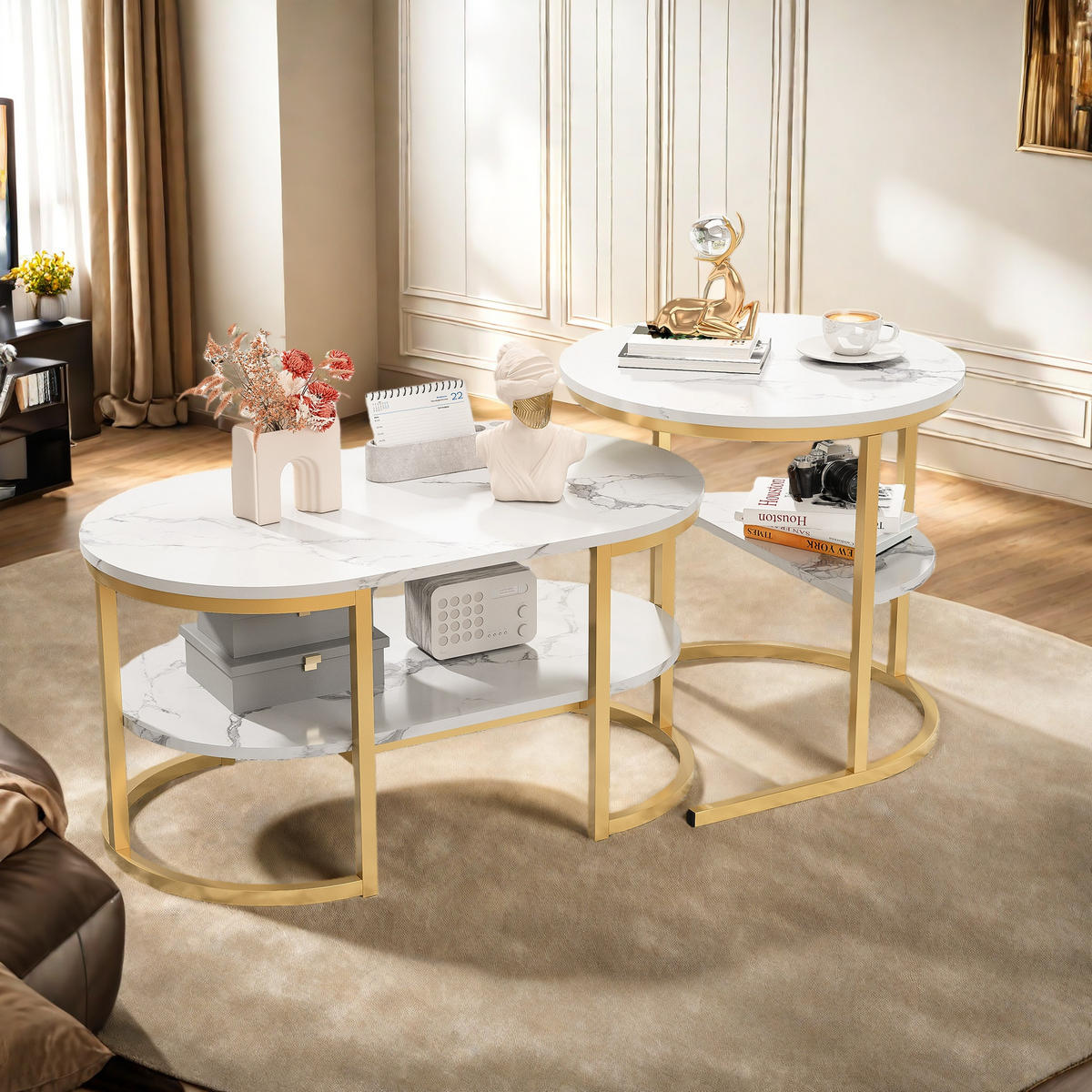 COUCHTISCH-SET Marmoroptik Weiß, Metallgestell Gold, 2er Set - Goldfarben, Metall (80/46/51cm) - SHOPENTRA