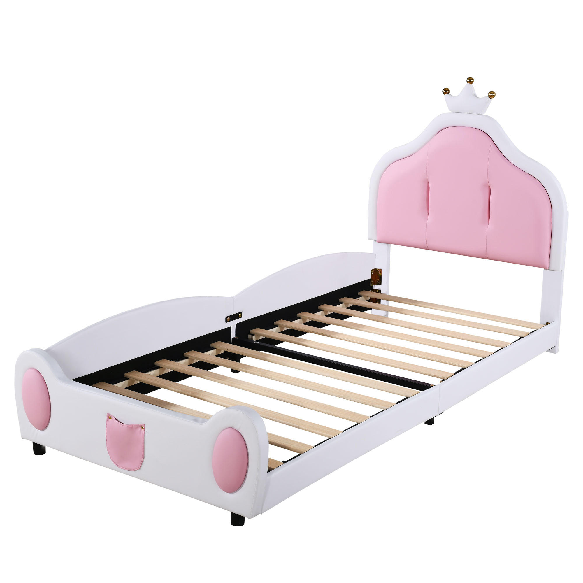 KINDEREINZELBETTEN aus Kunstleder 90x200 cm in Weiß mit Kronen-Kopfteil - Weiß, Leder (90/200cm) - Modfu
