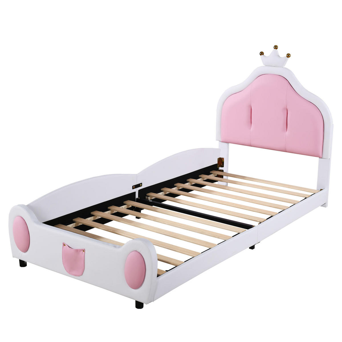 KINDERBETT 90/200 cm Weiß/Pink mit Kronenleiste aus Kunstleder - Weiß, Textil (90/200cm) - OKWISH