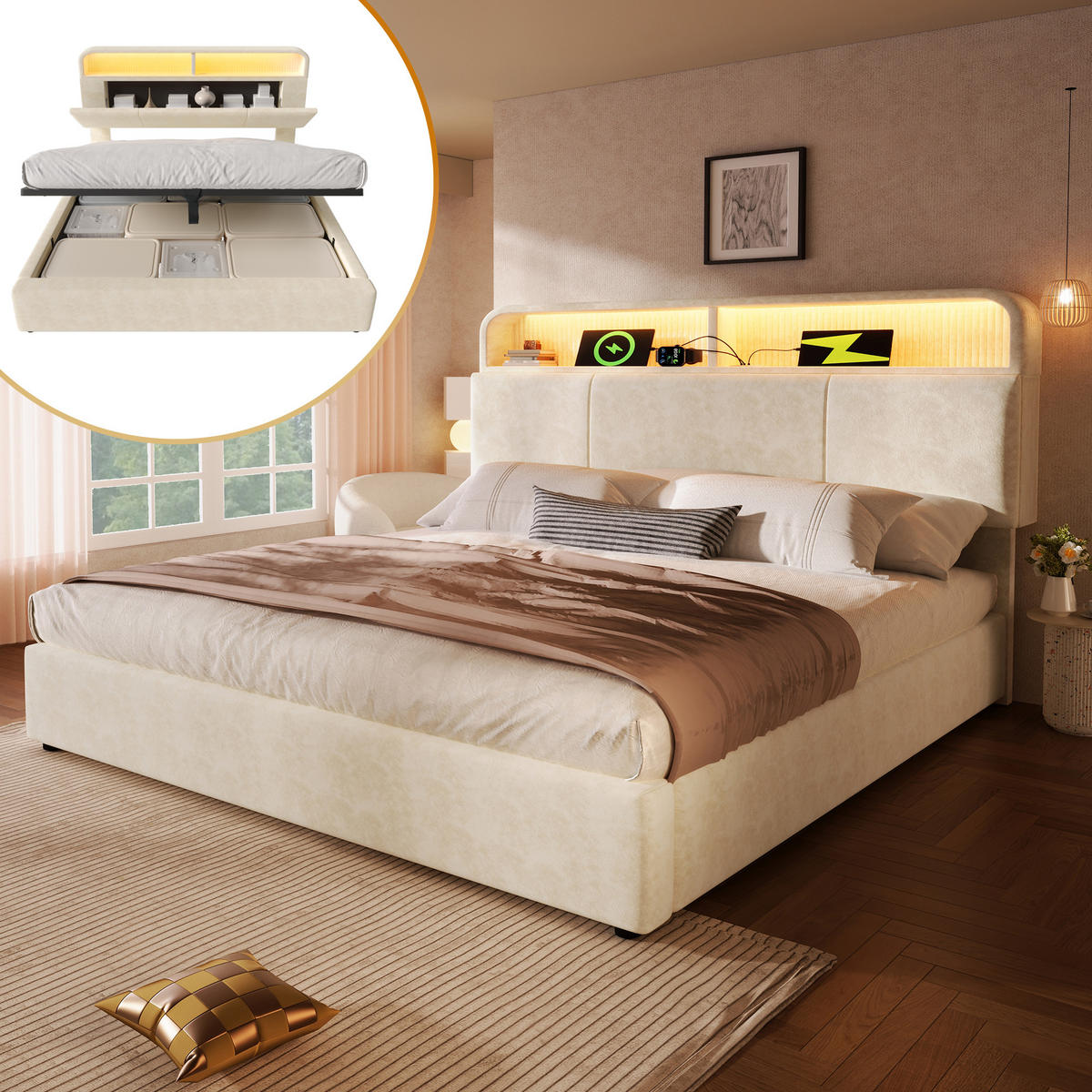 POLSTERBETT 160/200 cm in Beige Samt mit Bettkasten, LED und USB - Beige, Holzwerkstoff/Textil (160/200cm) - WISHDOR
