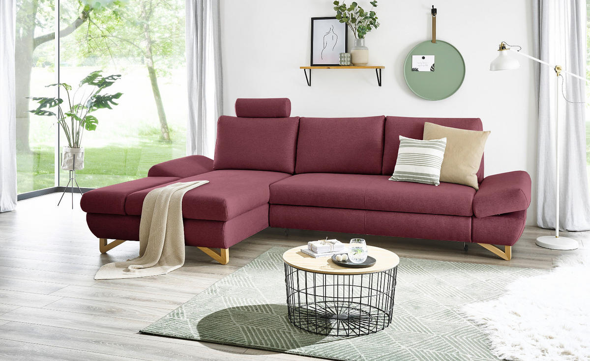 ECKSOFA bordeaux Velours, Sofa mit Bettfunktion und Stauraum 284 cm - Bordeaux, Holz/Textil (166/284cm) - Furn.Design