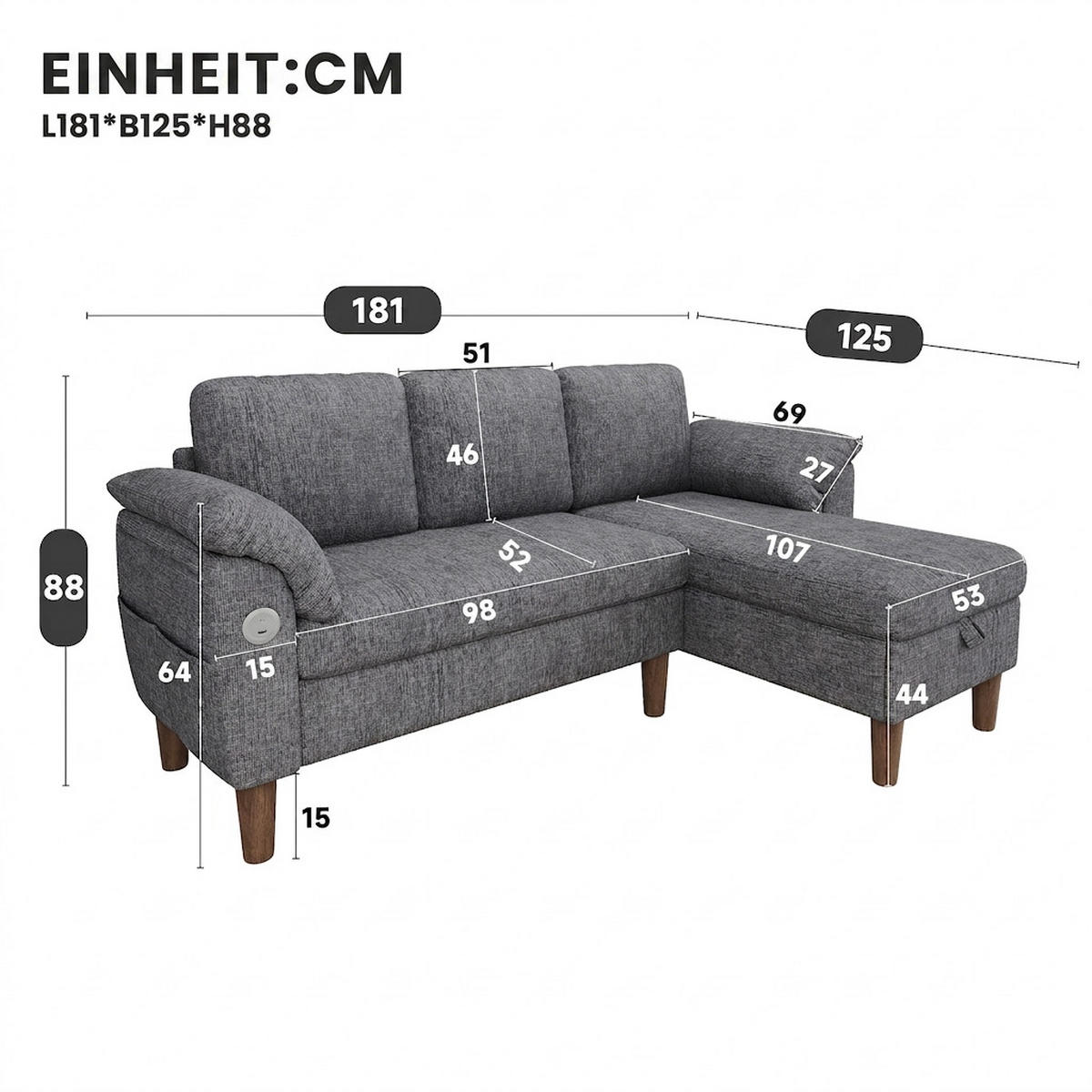 ECKSOFA 181/125/88 cm Hellgrau mit Stauraum-Chaiselongue und USB/Type-C-Ladeanschluss - Hellgrau, Textil (181/125cm) - Oxeza