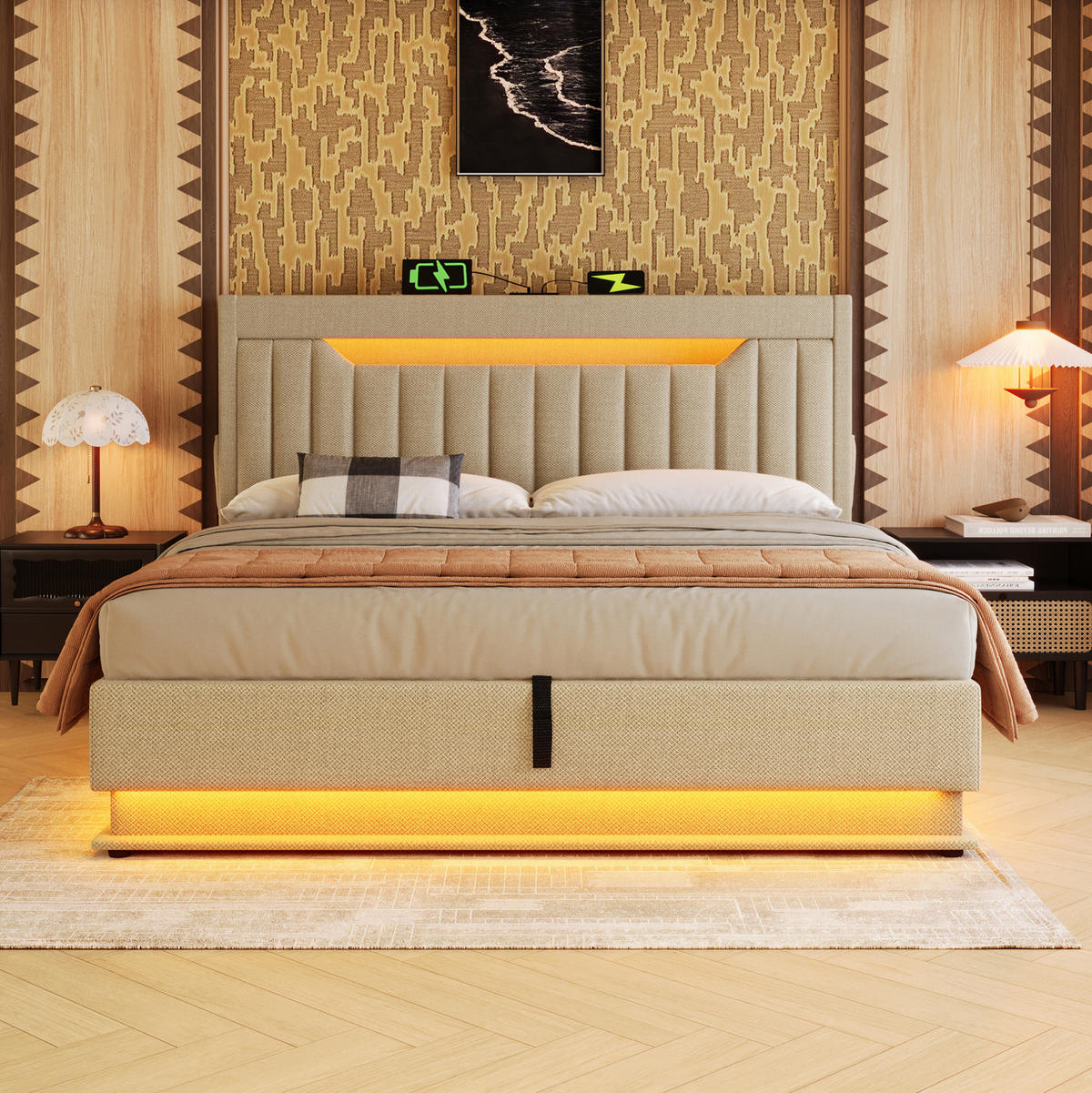 POLSTERBETT mit Stauraum und LED 180x200 cm Leinen Beige - Beige, Metall (180/200cm) - Beauniv