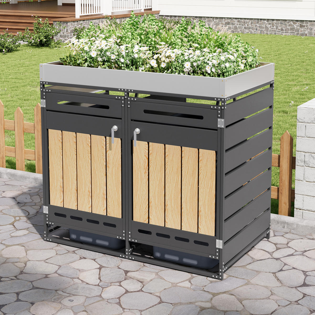 MÜLLTONNENBOX Pflanzkasten Holzoptik Belüftung Schloss - Schwarz, Metall (131/120/79cm) - LEBENLANG