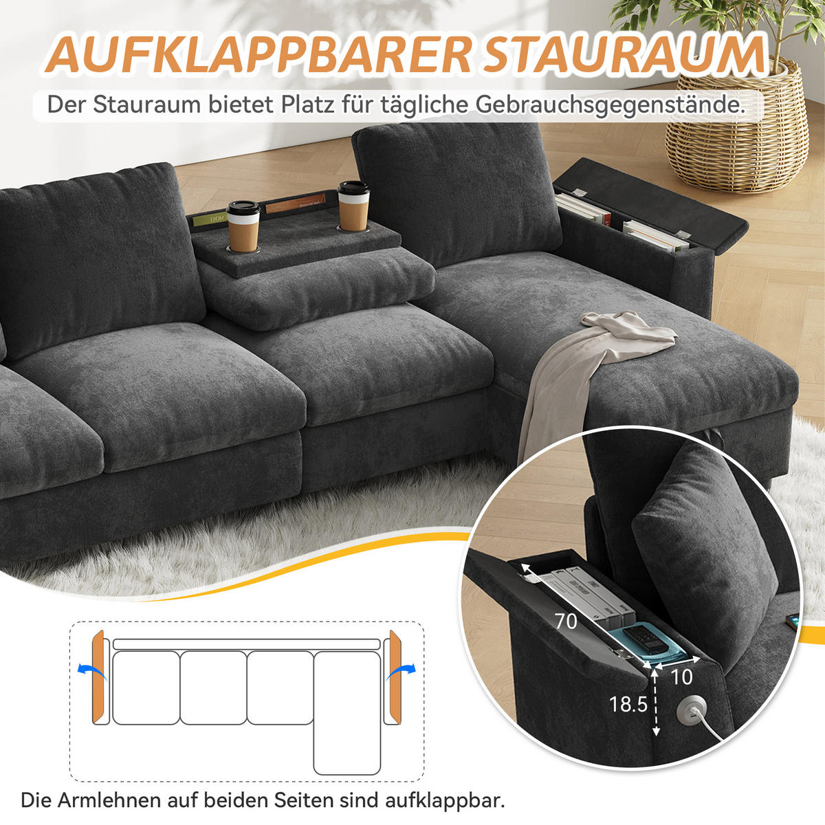 SOFA Grau L-Form Chenille Stauraum USB Couchtisch flexibel - Grau, Textil (137/84/280cm) - FLIEKS