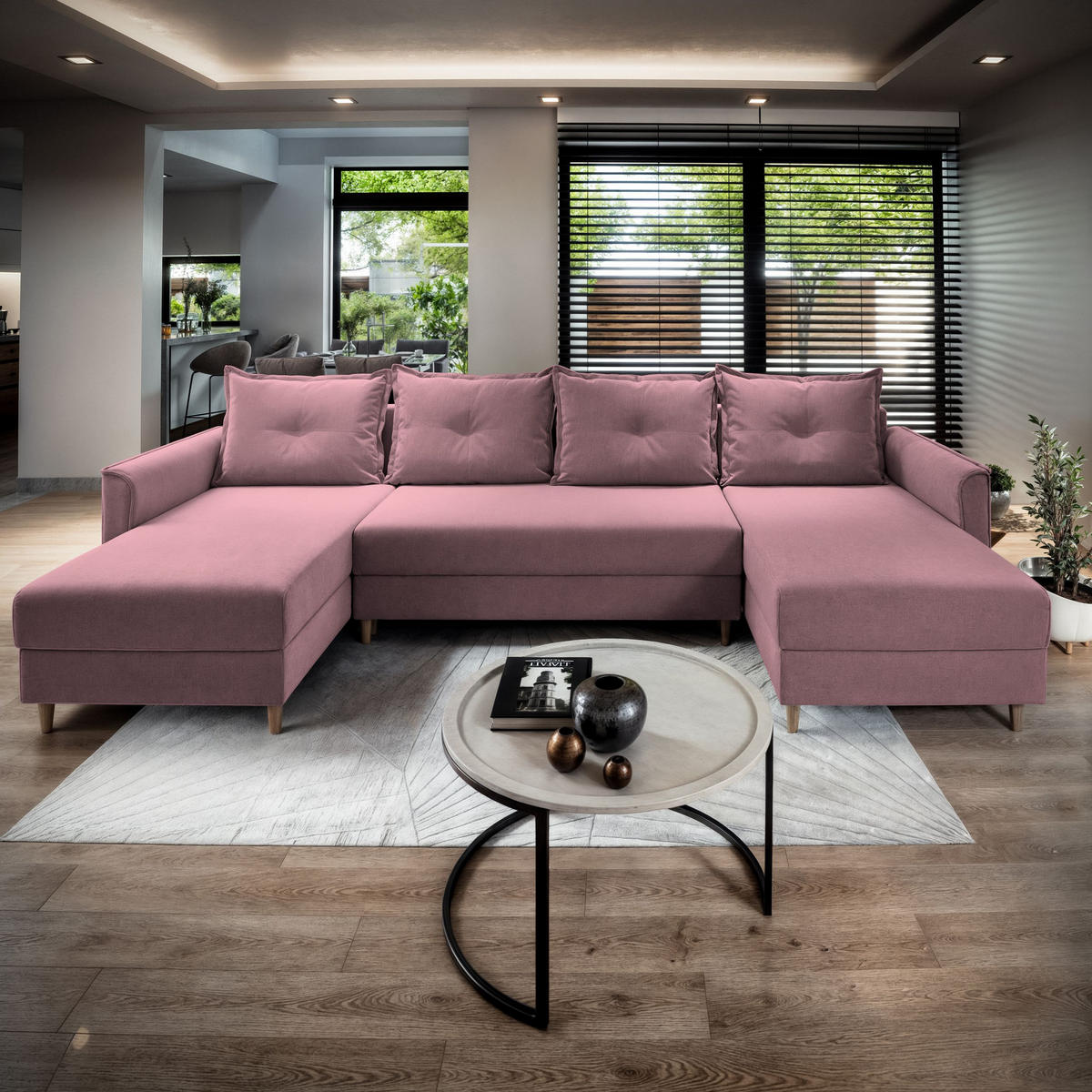 WOHNLANDSCHAFT VERNI Rosa Plüsch-Stoff mit Schlaffunktion - Rosa, Holz (285/91/143cm) - MASSENO