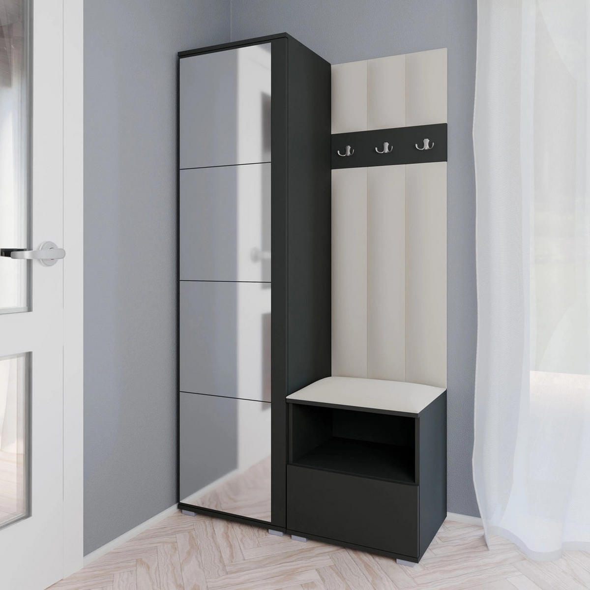 GEPOLSTERT Garderoben-Set Nela I LUX (Spiegel – Farbe Graphit + Stoff Trinity 01) - Silberfarben/Creme, Holz/Holzwerkstoff (100/187/40cm) - Ravio