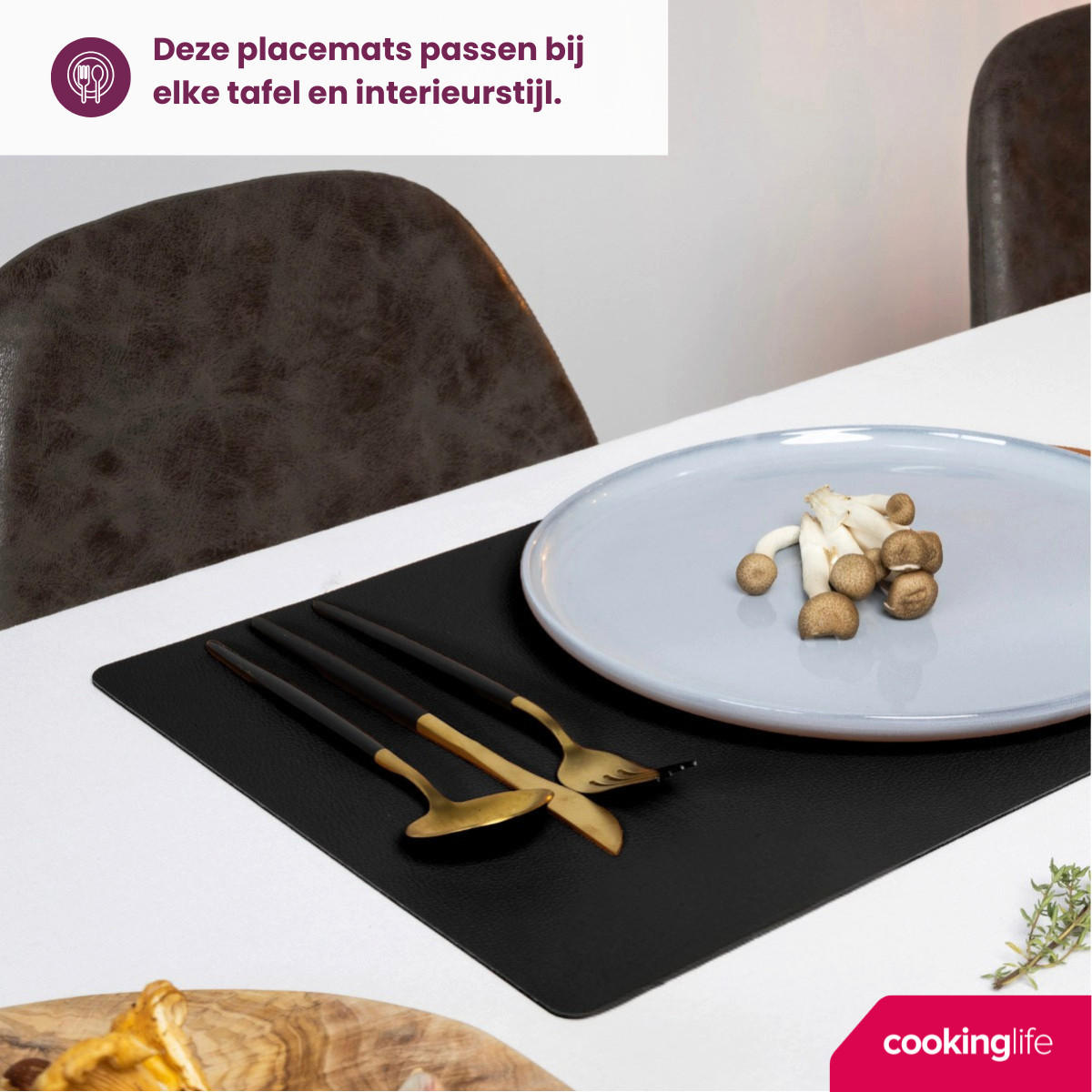 COOKINGLIFE 6 Platzsets + 6 Untersetzer - Veganes Leder - Schwarz - 12 Stück - Schwarz, Kunststoff (2/1cm) - Cookinglife