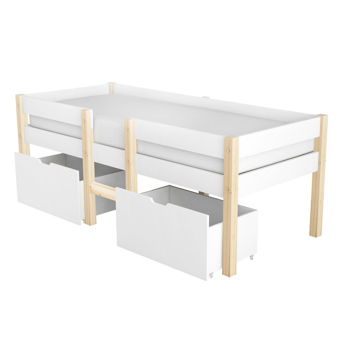 KINDERBETT 90/200 cm halbhoch aus Kiefernholz mit Rausfallschutz und Schubladen - Weiß, Holz (90/200cm) - BEAOK