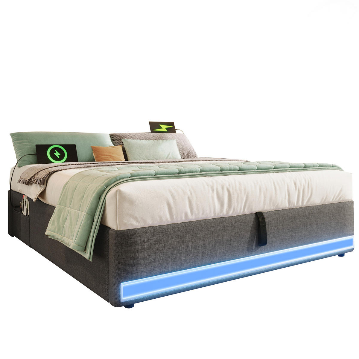 POLSTERBETT mit LED-Beleuchtung 140/200 cm mit Bettkasten, USB und Typ-C, Grau - Grau, Textil (140/200cm) - BEAOK
