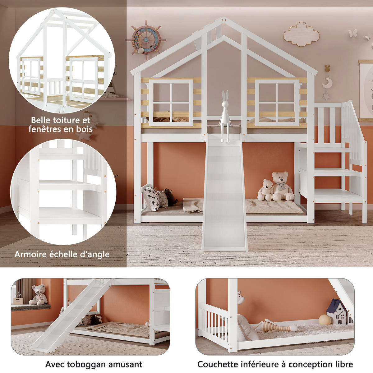 ETAGENBETT 90/200 mit Rutsche, Treppe und Absturzsicherung in Weiß - Weiß, Holz (90/200cm) - EVRYAE