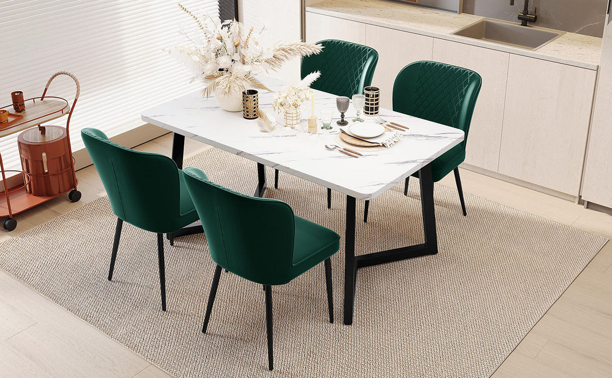 ESSTISCH mit vier Samt-Stühlen im rautenförmigen Minimaldesign aus MDF und Metall für den Essbereich, weiß-grün - Grün, Holzwerkstoff (68/75/117cm) - Luhomfu