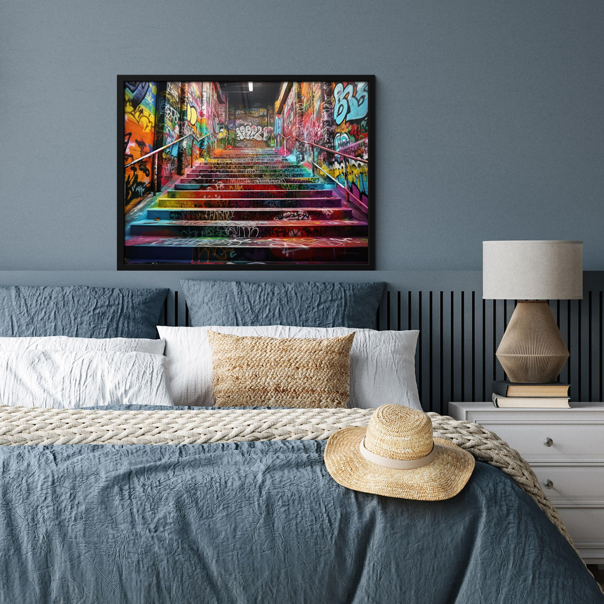 POSTER MIT RAHMEN Treppe - Graffiti - Farben - Kunst 80x60 cm - Multicolor, Papier (80/60cm) - MuchoWow