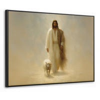 LEINWAND Bilder mit Rahmen - Schaf - Jesus - Pinselstriche - Abstrakt - 100x70 - Beige, Textil (100/70cm) - MuchoWow