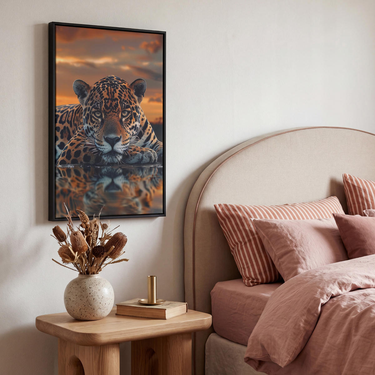 LEINWAND Bilder mit Rahmen - Natur - Leopard - Tier - Sonnenuntergang - Modern - 40x60 - Orange, Textil (40/60cm) - MuchoWow