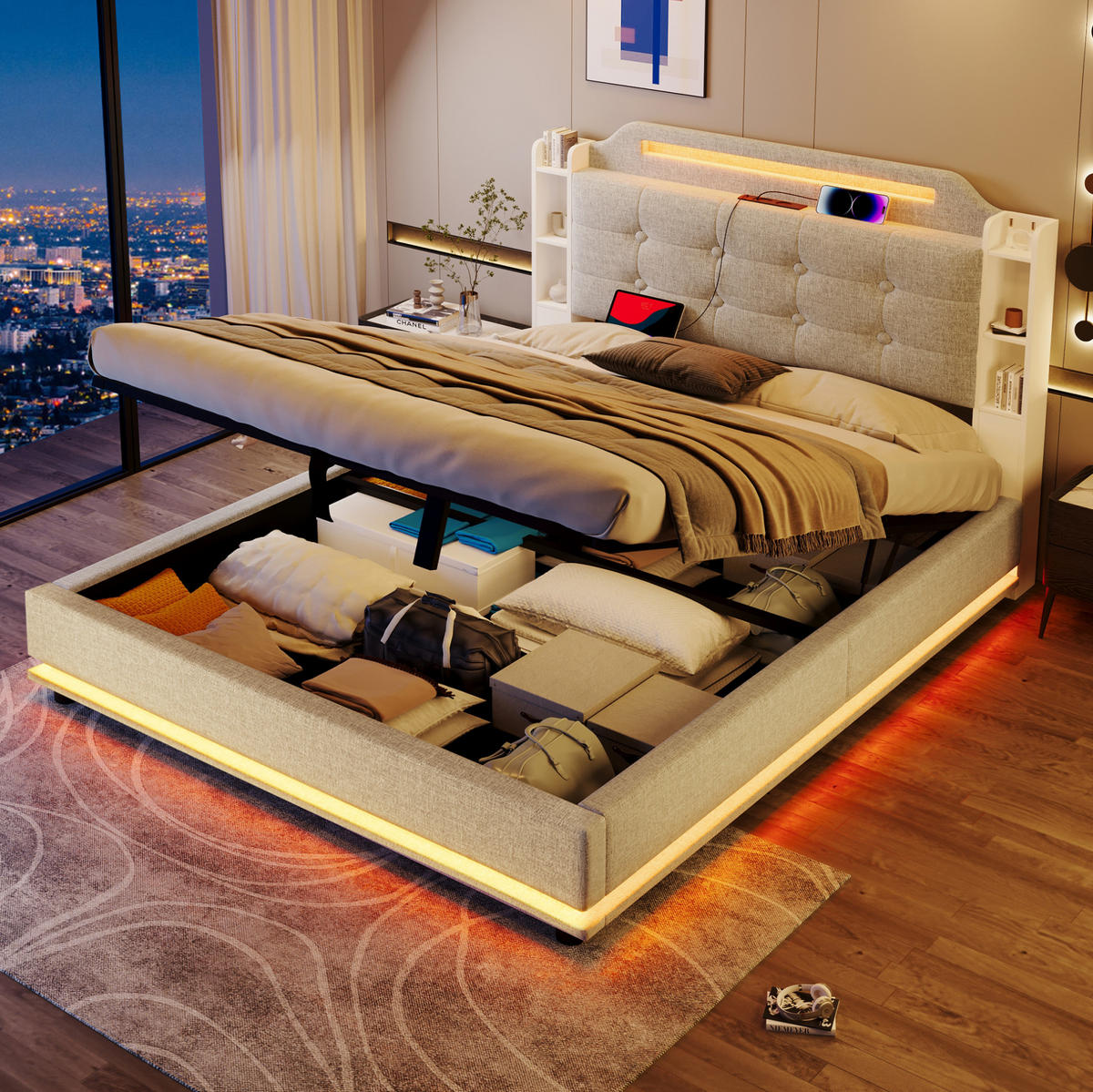 POLSTERBETT mit Bettkasten 140x200 cm Leinen Beige mit LED - Beige, Metall (140/200cm) - Meubliv