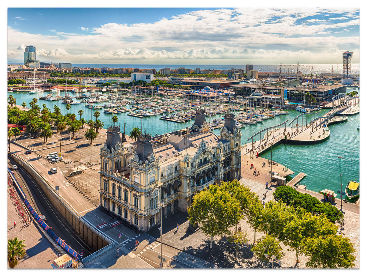 FOTOTAPETE für Wohnzimmer Barcelona Hafen Boote Denkmäler 350x256 - Türkis/Beige, Papier (350/256cm) - Muralo