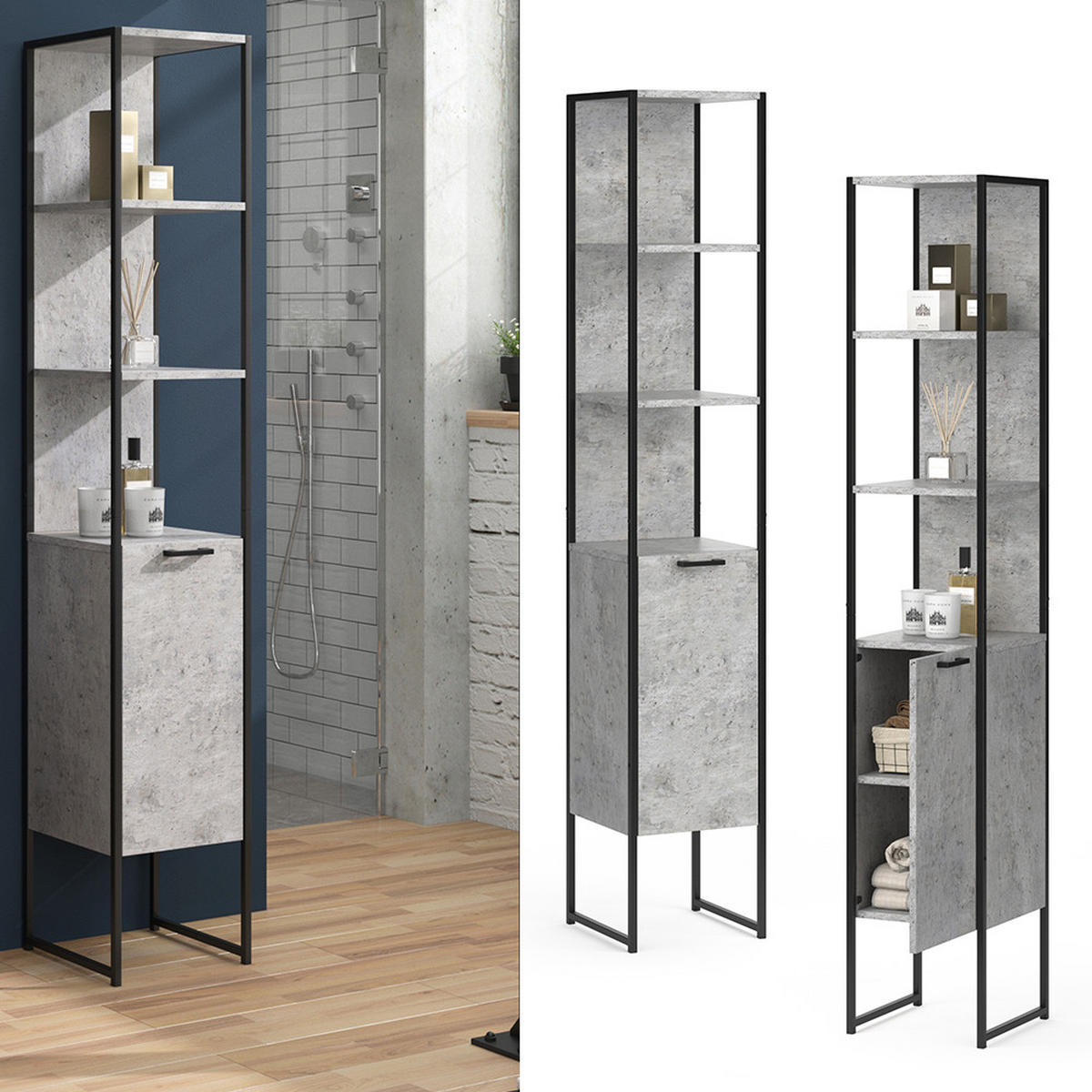 BADSCHRANK Fyrk Beton 33 x 185 cm - Grau, Holzwerkstoff (33/185/33cm) - Vicco