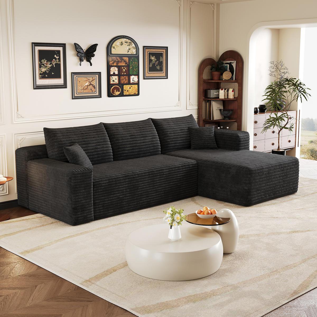 ECKSOFA Cord Schwarz Ohne Montage - Schwarz, Textil (241/151cm) - WISHDOR