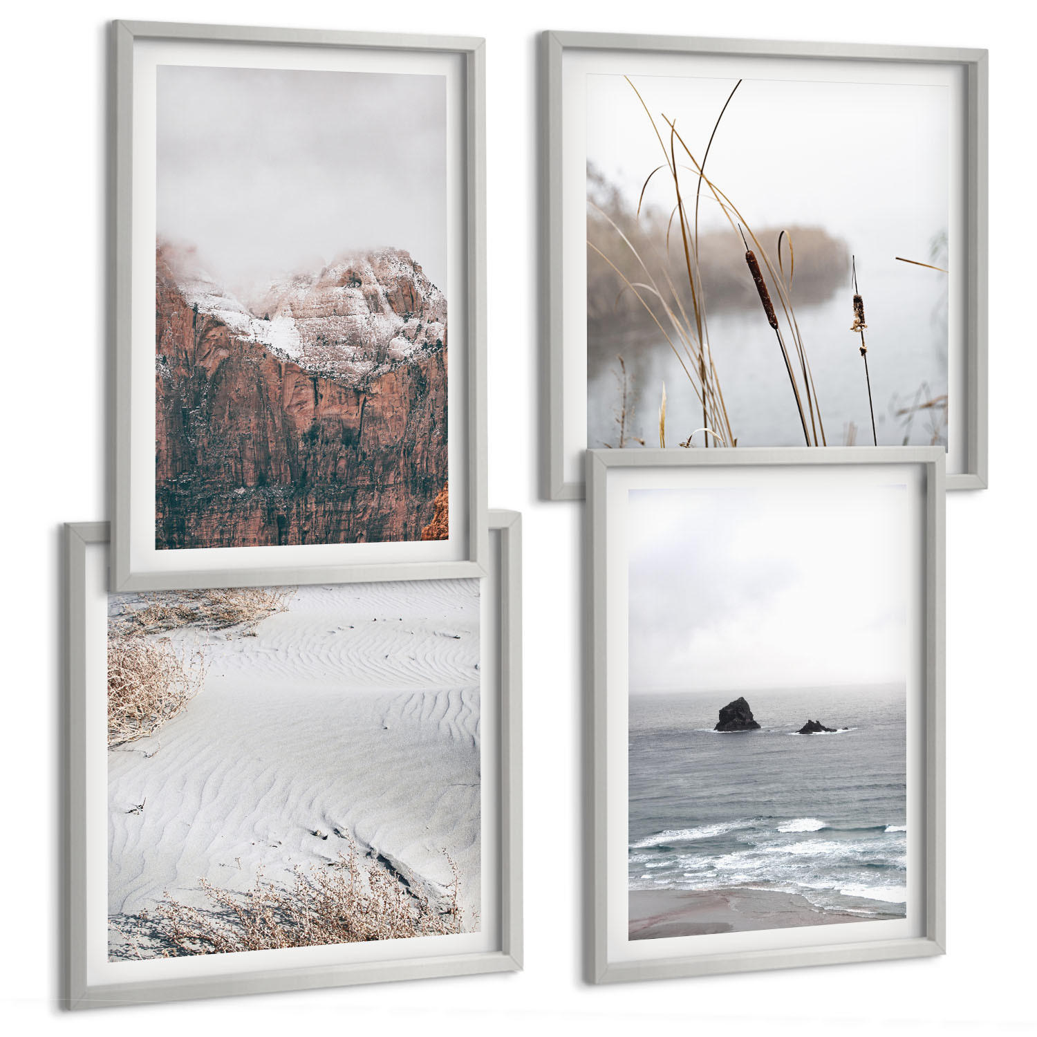 BILDER SET 4er Set - 50x50 cm & 40x60 cm Silberner Rahmen - Abstrakte Wellen, graue Pastellfarben - Silberfarben, Kunststoff (50/50cm) - TULUP
