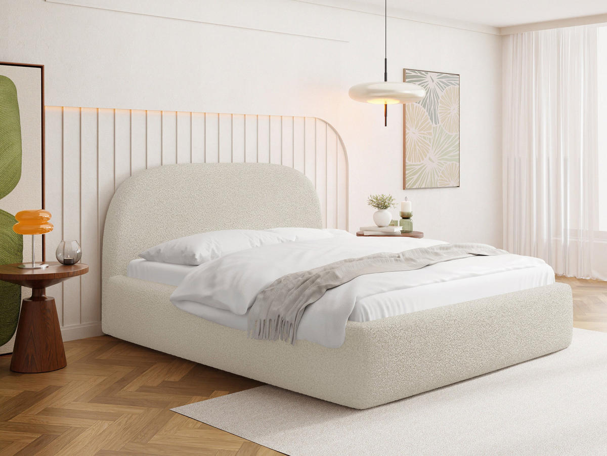 POLSTERBETT Puro mit Bettkasten, Creme Boucle 160 x 200 cm – mit Metall-Lattenrost - Birkefarben/Creme, Holzwerkstoff/Kunststoff (160/200cm) - WFL GROUP