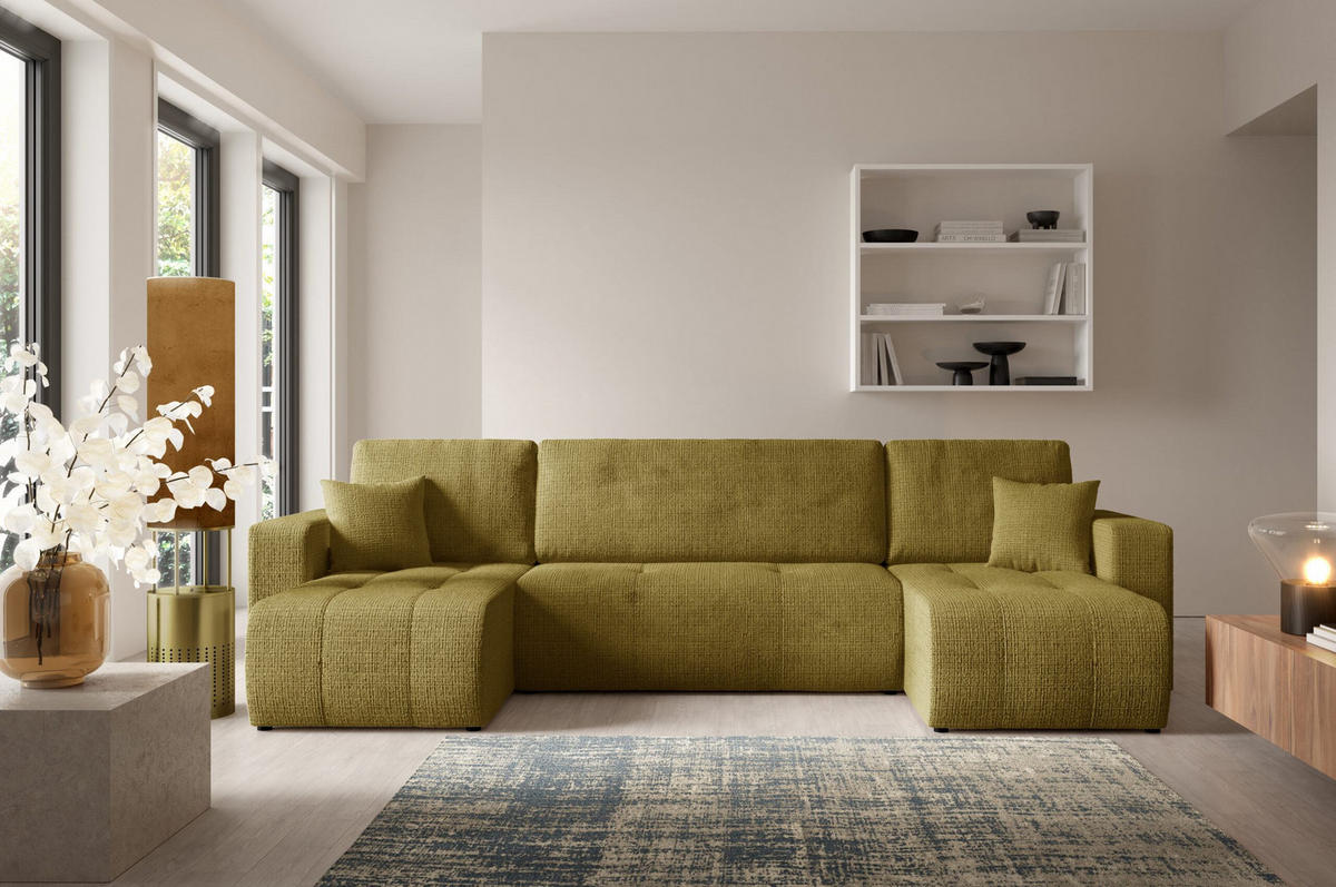 WOHNLANDSCHAFT mit Schlaffunktion Gelb - Gelb, Textil (315/70/145cm) - Furnisell