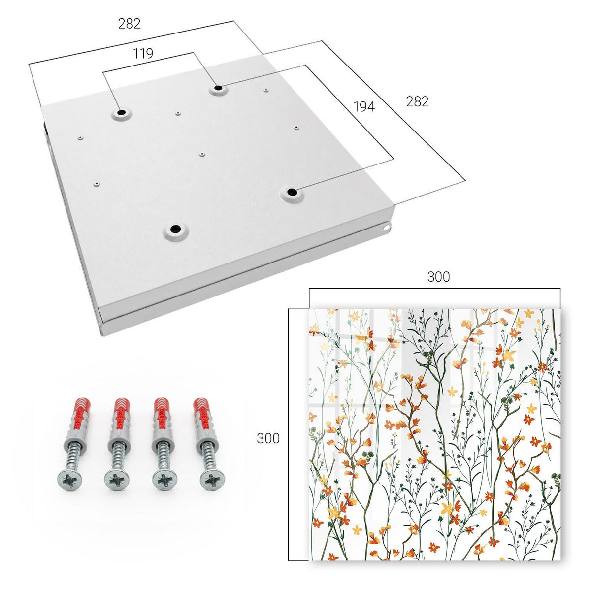 SCHLÜSSELBOX Weiß 30x30 cm – Türöffnung nach rechts - Blumenmuster - Weiß, Metall (30/30/5cm) - TULUP