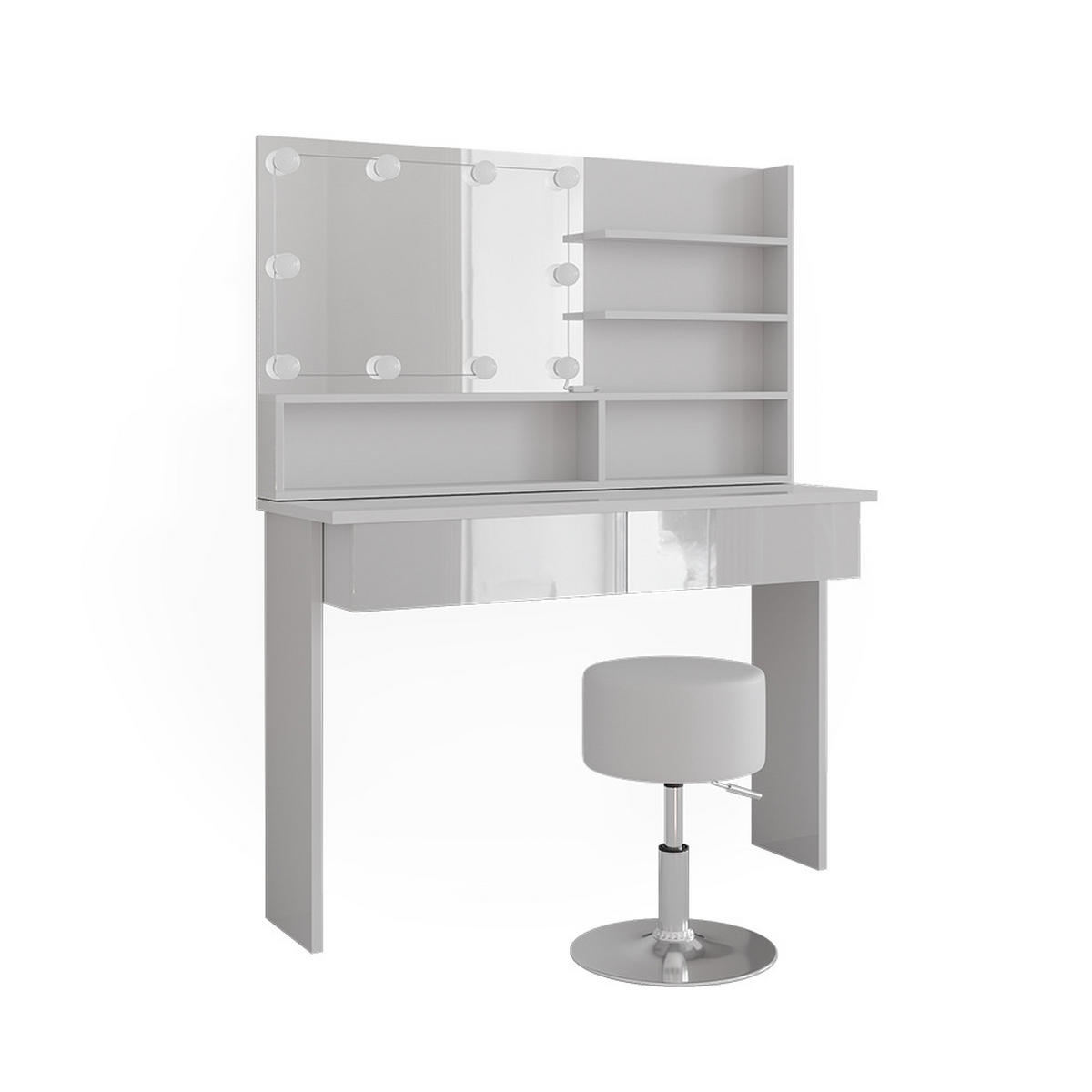 SCHMINKTISCH Azur Weiß 120 cm mit Spiegelregal, Hocker & LED-Beleuchtung - Weiß Hochglanz/Weiß, Holzwerkstoff (120/83.5/40cm) - Vicco
