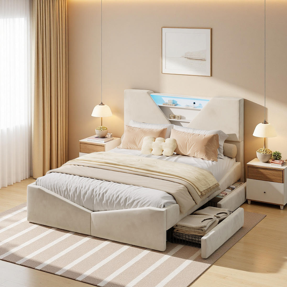 POLSTERBETT 160x200 cm LED USB 4 Schubladen Stauraum Kopfteil Samt beige - Beige, Holz (160/200cm) - LEBENLANG