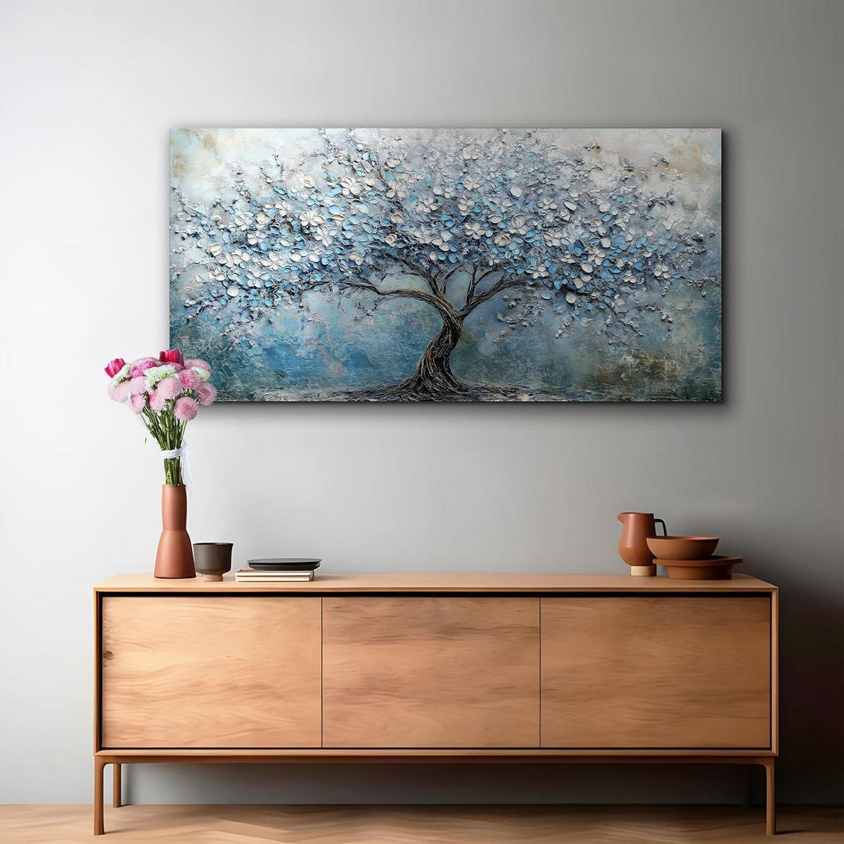 WANDBILD Blühender Baum 73 x 146 cm Leinwand Blau Abstrakt - Blau, Papier (73/0.5cm)