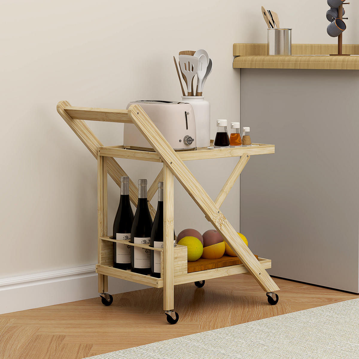 KÜCHENINSEL 66/40/70 cm klappbar mit Rollen, 2 Ablagen und Weinregal aus Bambus, Natur - Hellbraun, Naturmaterialien (66/70/40cm) - Redom