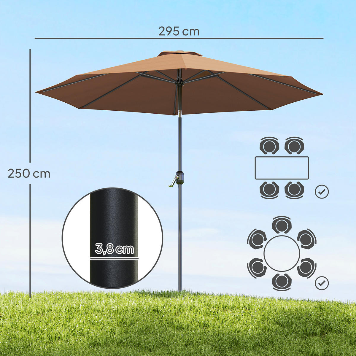 SONNENSCHIRM DE-11375 neigbar, mit Kurbel, Ø 3 m Schokoladenbraun - Braun, Metall (295/295cm) - ComfortXL