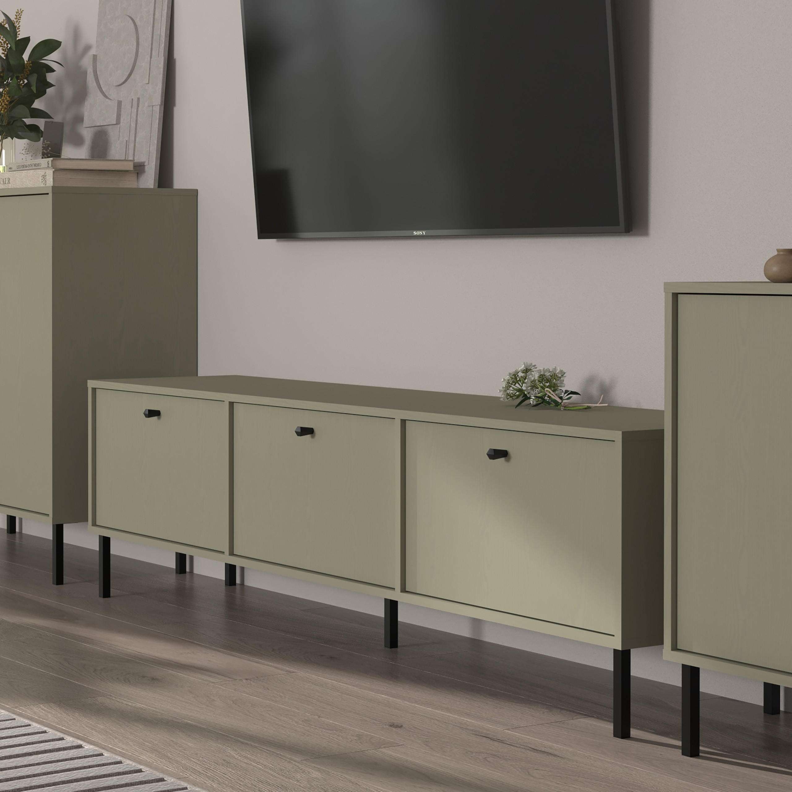 LOWBOARD TORINO 180x40,8x50 cm mit 3 Türen Hellgrün - Hellgrün, Holzwerkstoff (180/50/40.8cm) - MASSENO