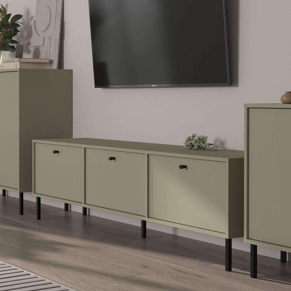 LOWBOARD TORINO 180x40,8x50 cm mit 3 Türen Hellgrün - Hellgrün, Holzwerkstoff (180/50/40.8cm) - MASSENO