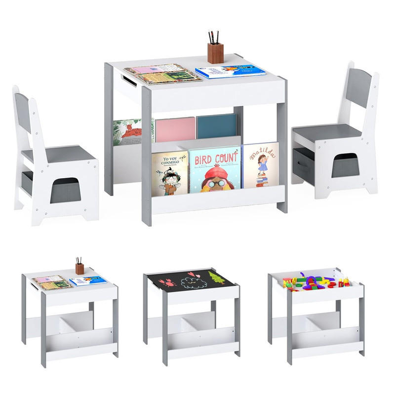 KINDERTISCH mit Stuhl hellgrau(3-tlg) - Hellgrau, Holzwerkstoff (62/56.5/62cm) - COSTWAY