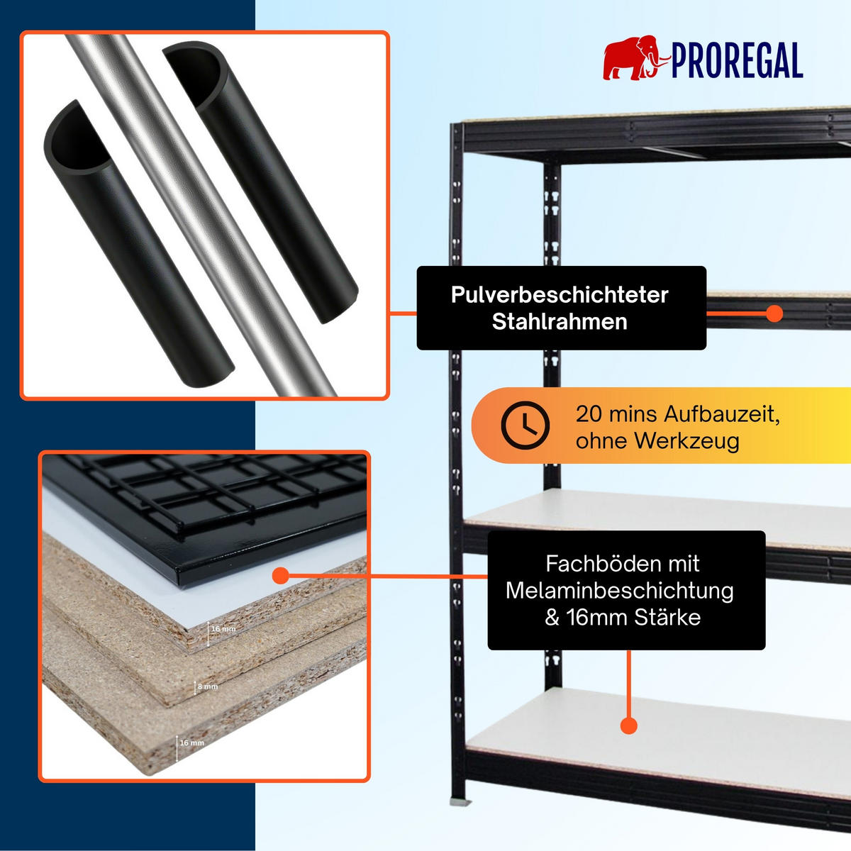 SCHWERLASTREGAL Rhino 180x160x60 cm 4 Melamin-Ebenen 16mm Fachlast 500 kg Schwarz - Schwarz/Weiß, Metall (160/180/60cm) - PROREGAL