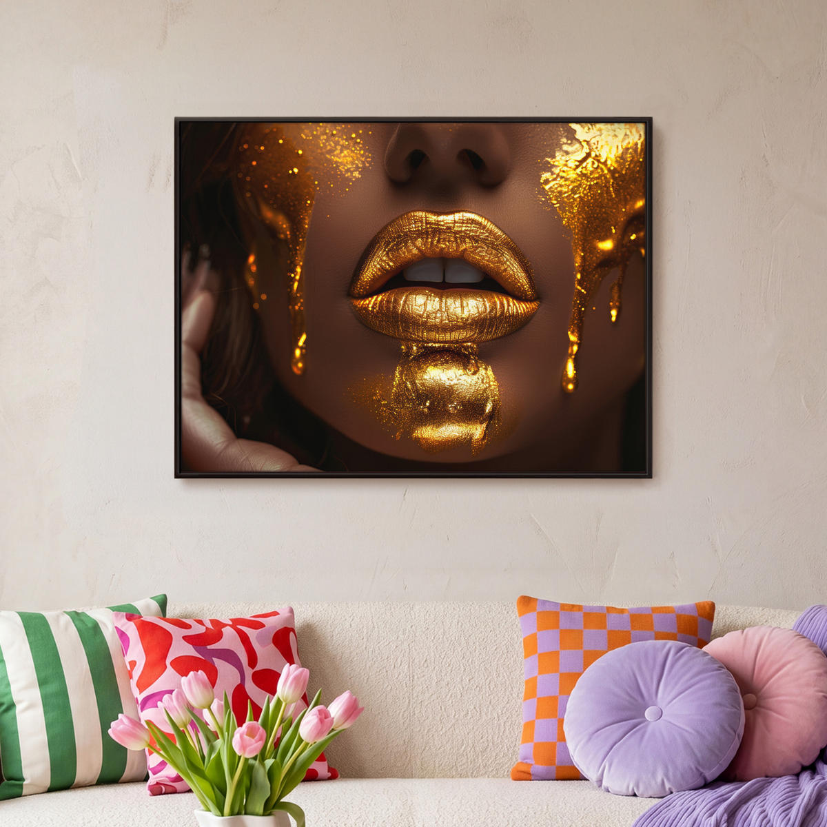 LEINWAND Bilder mit Rahmen - Frau - Gold - Luxus - Porträt - 80x60 - Goldfarben, Textil (80/60cm) - MuchoWow