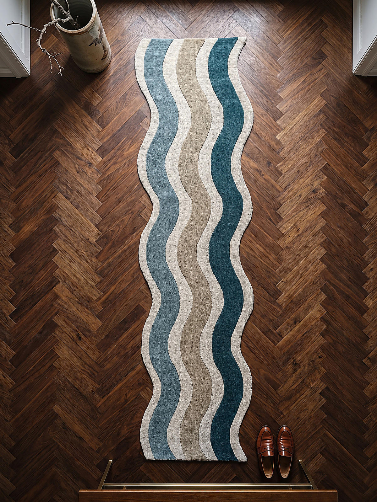 LÄUFER handgetuftet MONNOW, in Natur-Blau, Wellenstreifen, 80 x 300 cm - Beige, Textil (80/300cm) - KADIMA DESIGN
